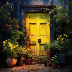 Fototapeta na wymiar Old wooden door of a brick house decorated with plants, window,house,background, AI generated.