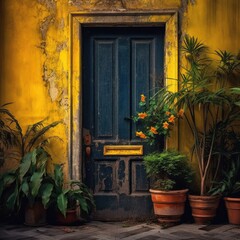 Image of a door with plants, Style of dark, colorful dreams, AI generated.