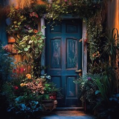 Fototapeta na wymiar Old wooden door of a brick house decorated with plants, window,house,background, AI generated.