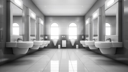 Modern public bathroom with row of white ceramic wash sink basins and faucet with mirror in the restroom, AI generated.