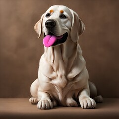 A white Labrador with a pink tongue is sitting on a dark brown background