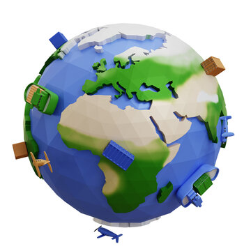 3D earth globe with pinpoints online deliver service, delivery tracking, pin location point marker of shipment map 3d. Product shipping out from world map