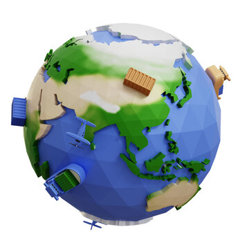3D earth globe with pinpoints online deliver service, delivery tracking, pin location point marker of shipment map 3d. Product shipping out from world map