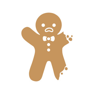 Sad gingerbread man with bite, broken arm and leg. Christmas icon. Vector. Holiday winter symbols flat design.