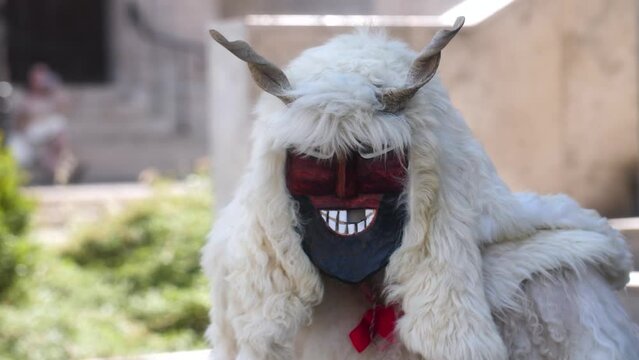 Person Wearing Traditional Hungarian Buso Costume During Busojaras Carnival In Hungary. closeup