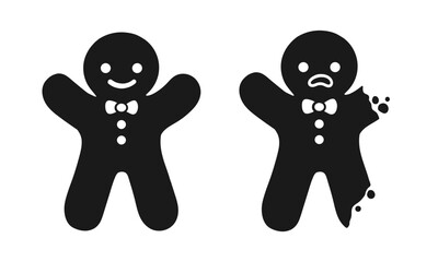 Sad gingerbread man whole and with bite icon. Simple funny illustration of gingerbread man vector silhouette for web design.
