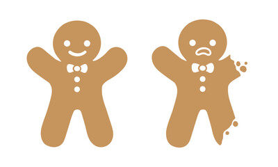 Sad gingerbread man whole and with bite, broken arm and leg. Christmas icon. Vector. Holiday winter symbols flat design. - obrazy, fototapety, plakaty