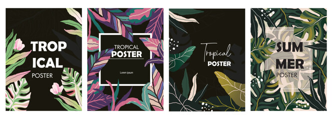 Set of Bright tropical backgrounds with jungle plants. Exotic patterns with tropical leaves.