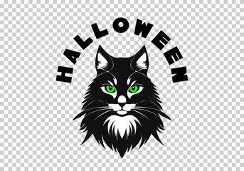Vector graphic portrait of a black cat with green eyes. Lettering, halloween. Sticker or icon. Isolated background.