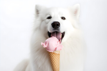 Dog licking ice-cream portrait studio shot - obrazy, fototapety, plakaty