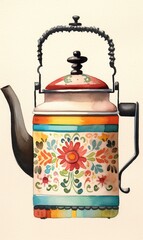 an exotic kettle painted in watercolors