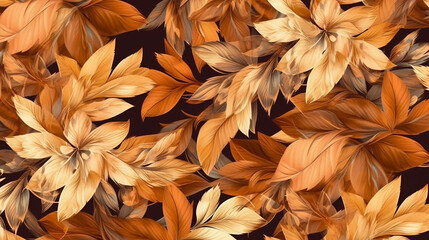 Autumn floral pattern brown and gold leaves and rhododendron. Generative AI