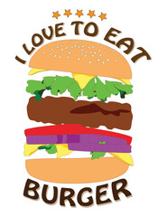 I love to eat Burger ordered on the fast food menu with drink cup of water. Hamburger with cutlet, tomatoes and onion. Logo icon vector illustration design.