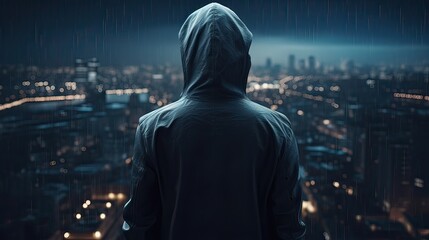 A faceless thief in unrecognizable hoodie standing in the middle of the night in front of the city concept. Generative Ai.