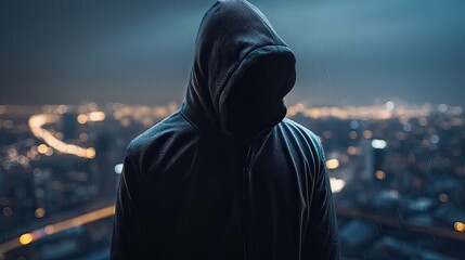 A faceless thief in unrecognizable hoodie standing in the middle of the night in front of the city concept. Generative Ai.