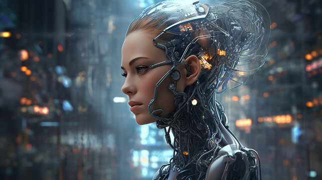 Fototapeta Cyborg woman face. Character 3d rendering. Cyberpunk girl warrior. Human robot technology concept.