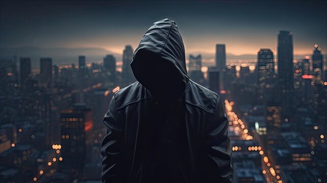 A faceless thief in unrecognizable hoodie standing in the middle of the night in front of the city concept. Generative Ai.
