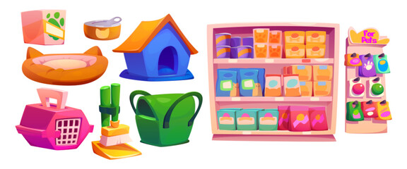 Isolated pet shop interior cartoon vector rack set. Animal toy and feed in store shelf with cage and accessory to buy. Domestic care for puppy. Household equipment equipment with sleep pillow bed