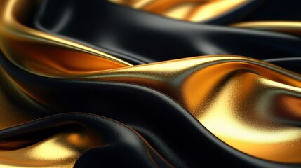Black and Gold Silk Fabric in Wavy Shiny Abstract Background. Generative AI