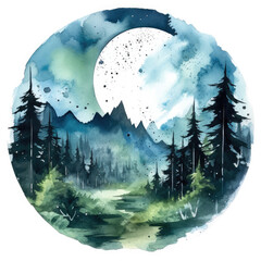 Forest with mountains and moon illustration