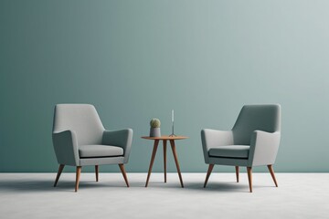 Two Armchair with single table isolated on pastel background. Generative ai