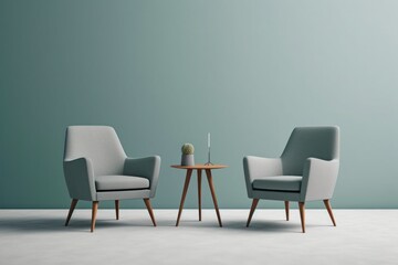 Obraz premium Two Armchair with single table isolated on pastel background. Generative ai