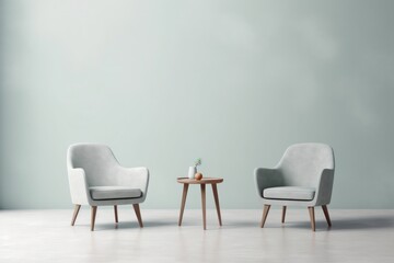 Fototapeta premium Two Armchair with single table isolated on pastel background. Generative ai