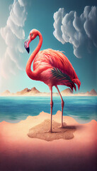 Pink flamingo on sand beach, tropical artwork. Generative AI illustration