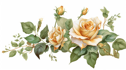 Elegant floral rose with green and gold on white background. 