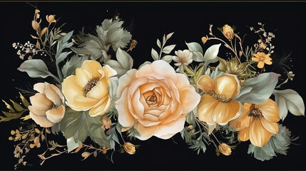 Floral card with roses gold frame with watercolor flower on black background. 