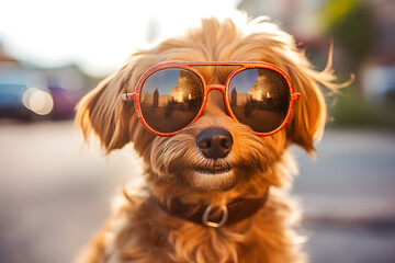 Dog wearing sunglasses portrait urban shot