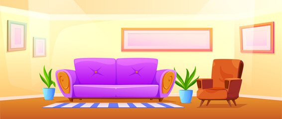 Interior studio, vector cartoon illustration of room interior with sofa and armchair