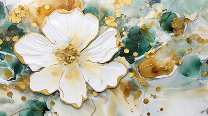flower marble texture with abstract green, white, glitter and gold background alcohol ink color. 
