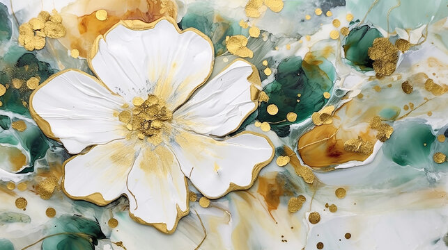 flower marble texture with abstract green, white, glitter and gold background alcohol ink color. 