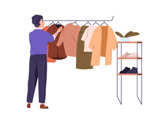 Customer shopping, choosing clothes. Person in showroom, searching apparel on hanger rail. Man shopper looking for garment in fashion store. Flat vector illustration isolated on white background