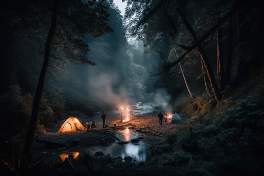 A Group Of People Standing Around A Campfire. Generative AI Image.