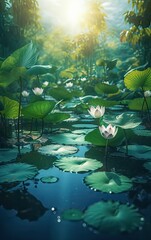 Fototapeta na wymiar Beautiful white lotus flower in the lake and lotus flower plants, pure white lotus flower. Generative Ai.