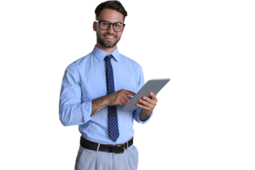 Young businessman using his tablet on a transparent background