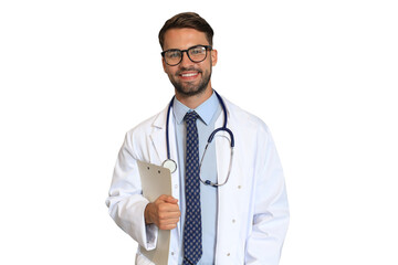 Handsome friendly young doctor looking at camera, smiling on a transparent background