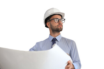 Confident young architect in hardhat holding a blueprint and looking at area for work on a...