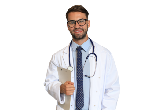 Handsome friendly young doctor looking at camera, smiling on a transparent background