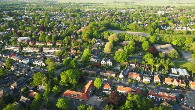 Aerial of a beautiful green suburban neighborhood in summer