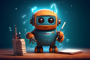 AI agent GPT for content writing or copywriting doing homework holding pen and notebook, banner. Generative AI.