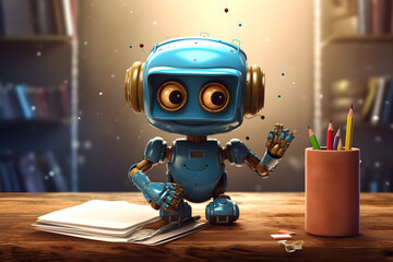 AutoGPT AI robot doing auto copywriting with pencil and notebook for Search Engine Optimization. Generative AI