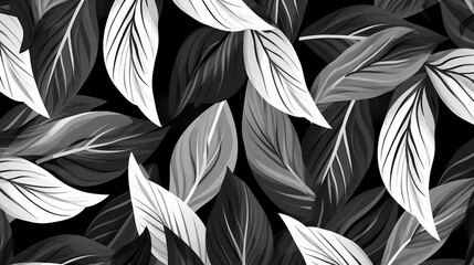 Monochrome elegant pattern with leaves and stripes. 