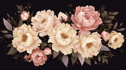Pink and beige rose flowers on black background. 