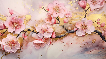 Watercolor cherry blossom golden alcohol ink. 