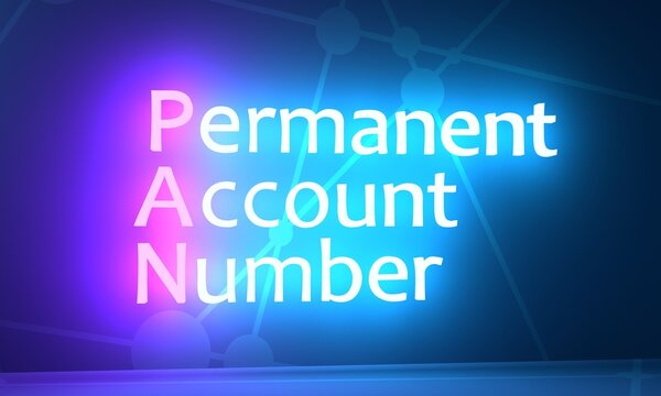 Concept image of Accounting Business Acronym PAN -Permanent Account Number. Neon shine text. 3D Render