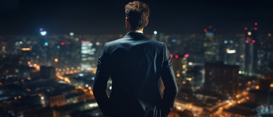 Fototapeta na wymiar Young and successful businessman looks at the city's night skyline, full of ambition and determination. Generative AI