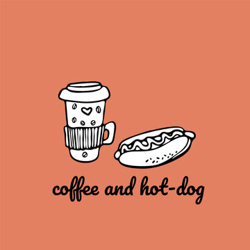 contour sketch of hot dog and cup of coffee on a colored background